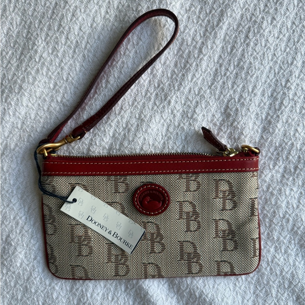 NWT Dooney & Bourke Red and Beige Monogram Wristlet Clutch Purse